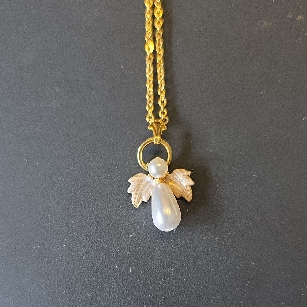 Elegant Gold Tone and White Angel Pendant 18" Necklace